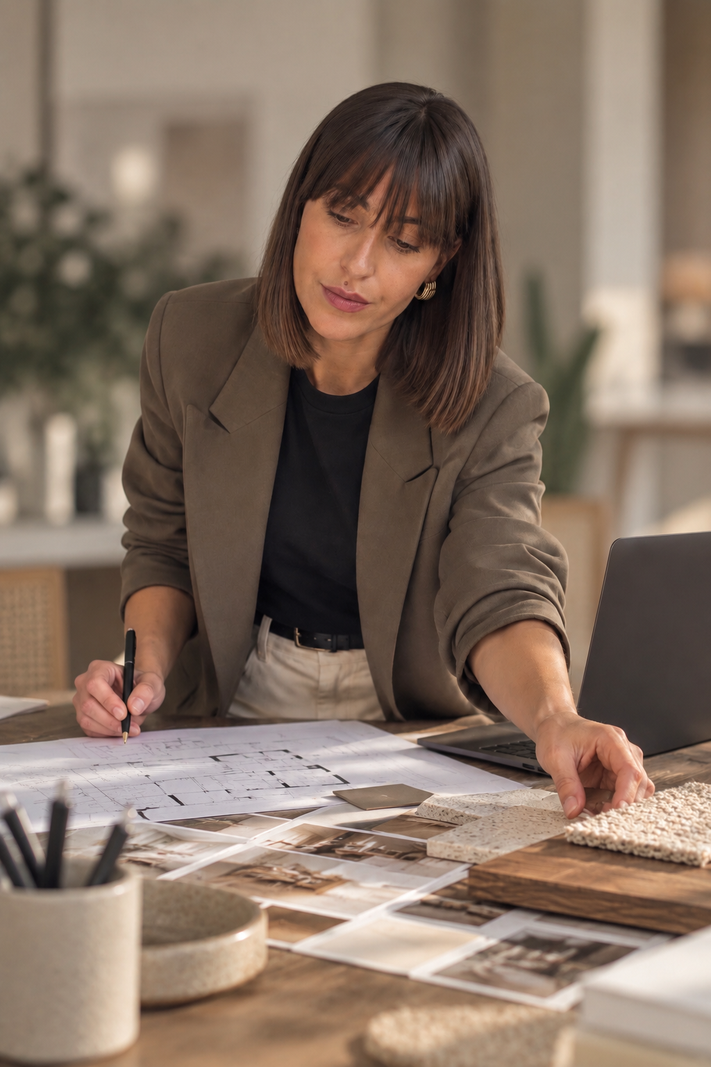 Gabrielle travaille sur des plans et une sélection de matières pour un projet d’intérieur