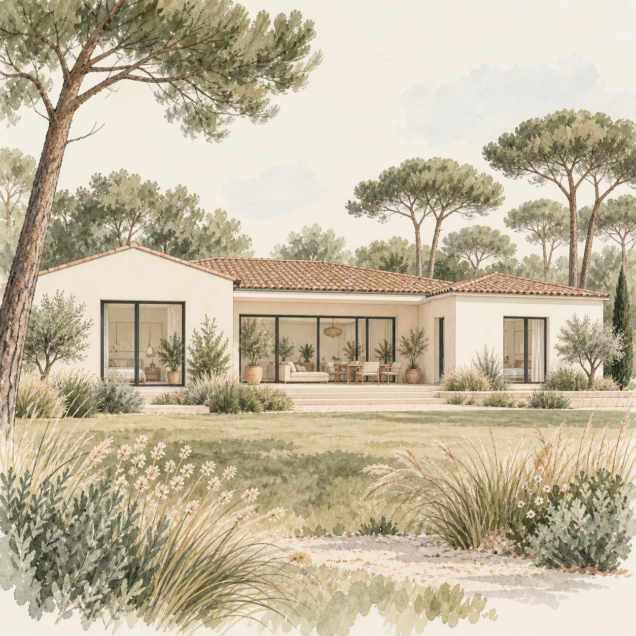 Illustration provisoire d’une maison de plain-pied entourée de pins