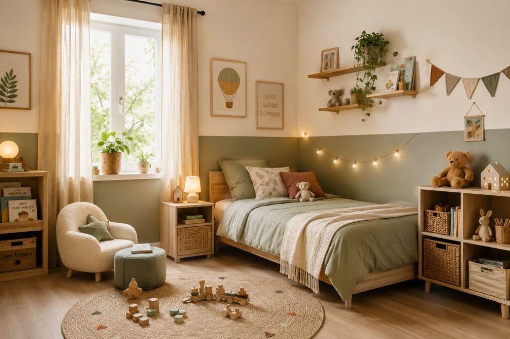 Chambre d’enfant aux murs beige et vert sauge, avec lit en bois, fauteuil et rangements près d’une fenêtre
