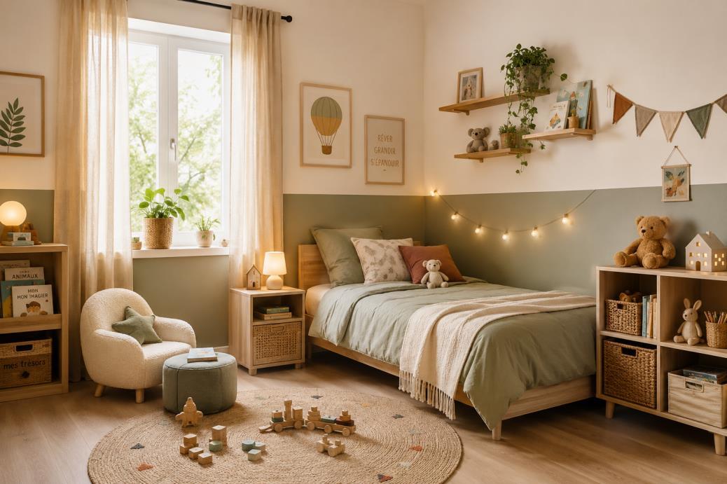 Chambre d’enfant beige et vert sauge, avec lit en bois et rangements près d’une fenêtre