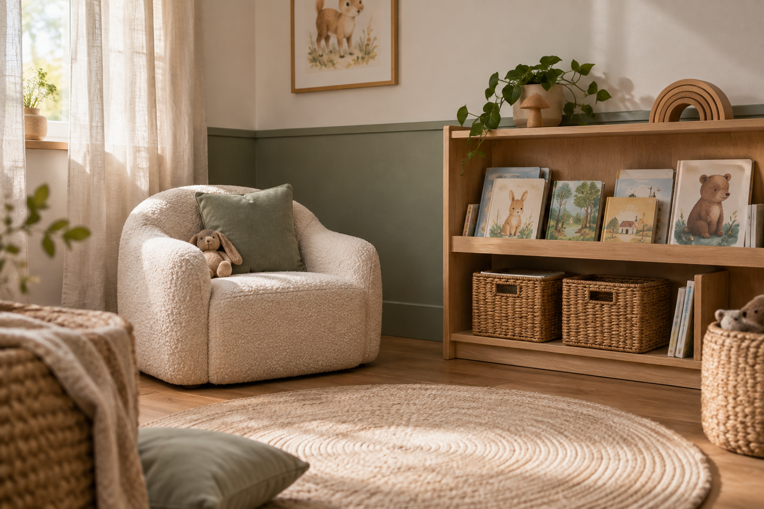 Coin lecture avec fauteuil écru, coussin vert sauge et bibliothèque basse en bois