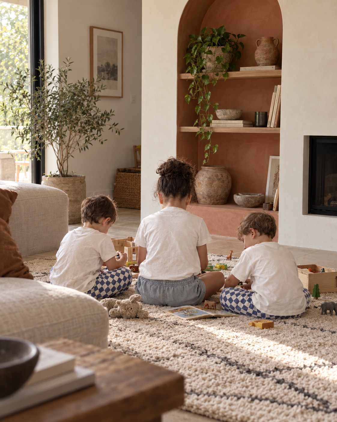 Une mère et deux enfants jouent sur un tapis dans un salon lumineux aux tons naturels.